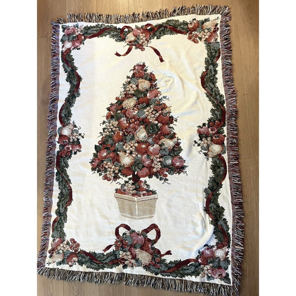 Vintage Christmas Tapestry Blanket Throw Afghan Topiary Tree Ribbon 47"x 66"